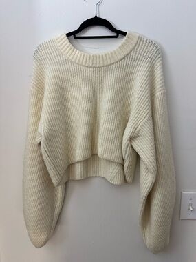 Cream Cropped Rib-Knit Sweater - Balloon Sleeves